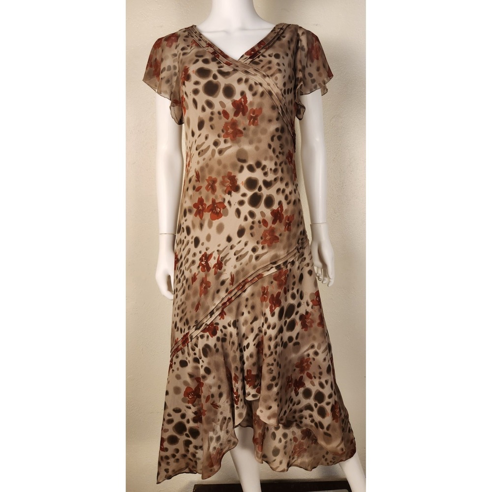 90s Dressbarn Silk Floral Midi Dress Asymmetric Hem Size 12
